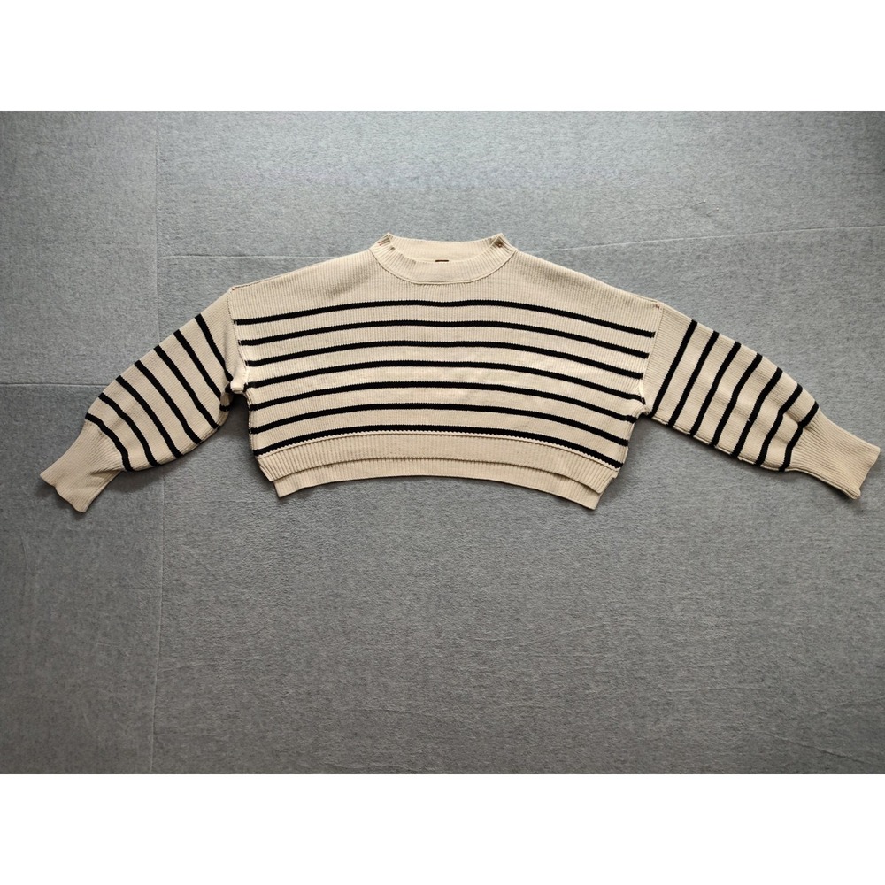 Free People Women Cropped Sweater S Cream Black Stripes‎ Pullover Ribbed Casual